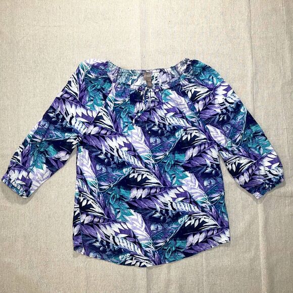 Chico's | Purple and Blue Leaf Print Top | Medium - Picture 1 of 8